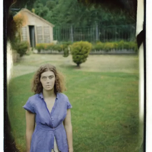 Prompt: woman standing in a french garden, unidentified being lurking behind her, bright summer day, washed out colors, polaroid