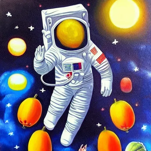 Image similar to an astronaut floating in space, fruits are floating around him, oil painting