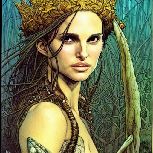 Image similar to a realistic, very beautiful and atmospheric portrait of a young natalie portman as a druidic warrior wizard looking at the camera with an intelligent but seductive gaze by rebecca guay, michael kaluta, charles vess and jean moebius giraud