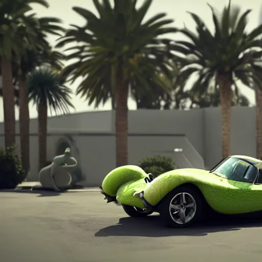 Image similar to frog driving a mercedes in marrakech, palm trees, octane render, unreal engine, hyperdetailed