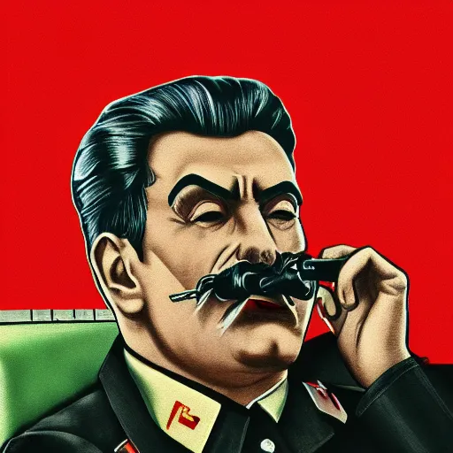 Image similar to cyberpunk joseph stalin smoking a pipe as the leader of a futuristic communist society, cybernetics, sharp lines, digital, artstation, colored in