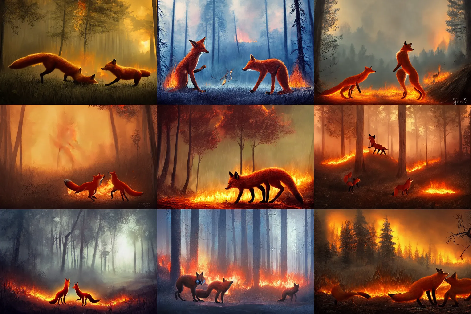 Prompt: an epic scene of two foxes fighting while a forest fire rages in the background, stunning digital art, dark atmosphere, beautiful lighting, flaming trees, trending on ArtStation