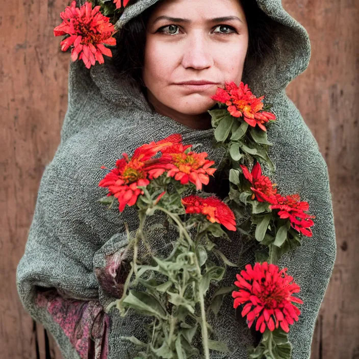 Prompt: a closeup portrait of a woman wearing a hooded cloak made of zinnias and barbed wire, in a derelict house, by Manny Librodo, natural light, detailed face, CANON Eos C300, ƒ1.8, 35mm, 8K, medium-format print