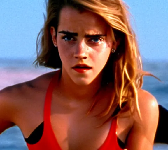 Image similar to color still shot of emma watson on baywatch 1 9 8 9 tv show, running, face closeup,