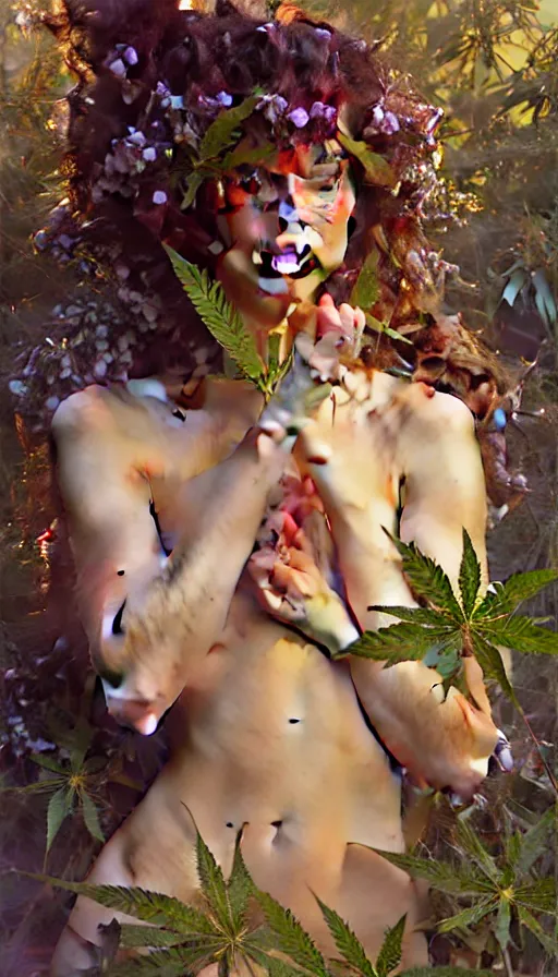 Image similar to hyper realistic weed fairy, marihuana, cannabis covering her body completely, painted by valerie hammond, tom bagshaw, mucha, gaston bussiere, craig mullins, j. c. leyendecker 8 k