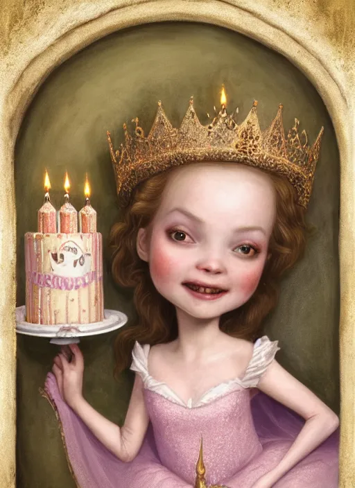 Image similar to highly detailed closeup portrait of a grinning fairytale medieval princess eating birthday cake, unreal engine, nicoletta ceccoli, mark ryden, lostfish, earl norem, global illumination, god rays, detailed and intricate environment