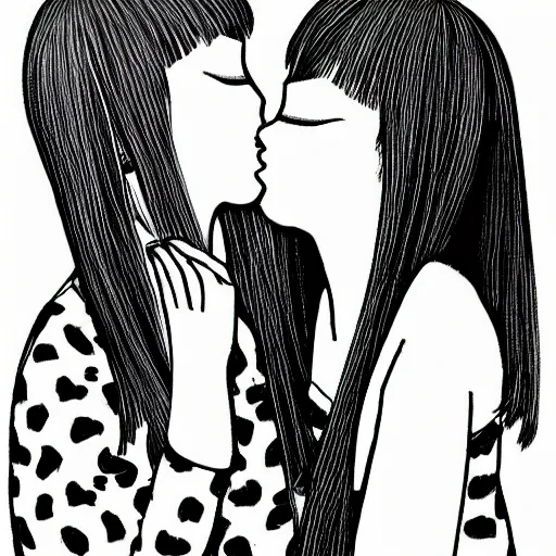 Image similar to portrait of two girls kissing, detailed manga art