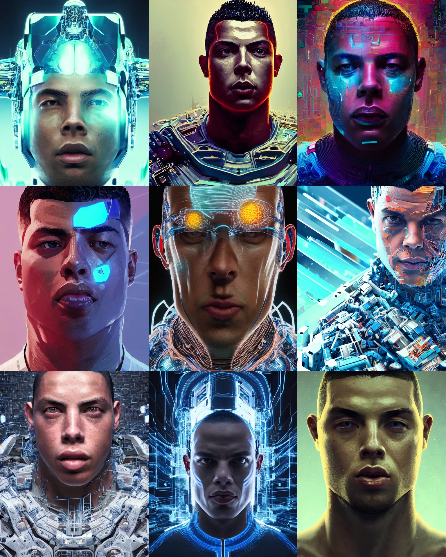 Prompt: portrait of a ronaldo nazario as a cyborg. intricate abstract. intricate artwork. by tooth wu, wlop, beeple, dan mumford. octane render, trending on artstation, greg rutkowski very coherent symmetrical artwork. cinematic, hyper realism, high detail, octane render, 8 k, iridescent accents