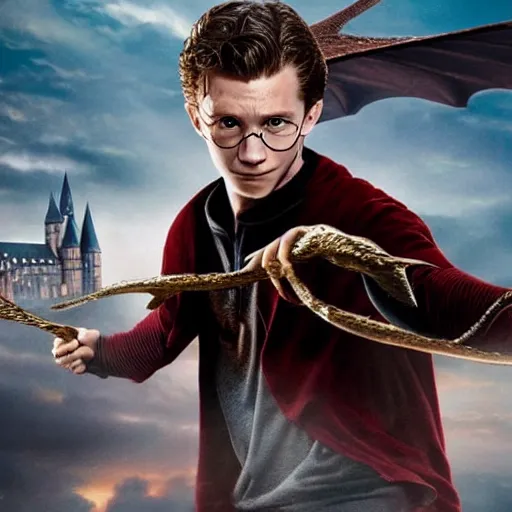 Prompt: tom holland as harry potter flying on dragon, close up, photo