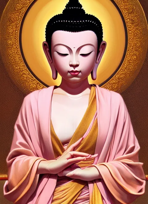 Image similar to dreamlike luxury stunning buddha portrait, pale pink and gold kimono, art by artgerm, wlop, loish, ilya kuvshinov, 8 k realistic, hyperdetailed, beautiful lighting, detailed background, depth of field, symmetrical face, frostbite 3 engine, cryengine,