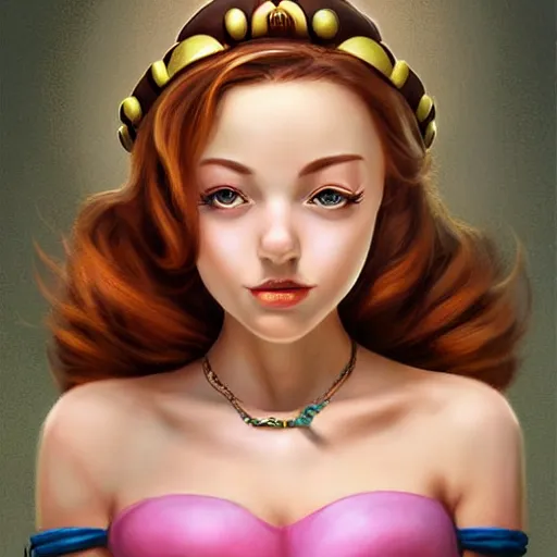 Prompt: princess daisy from super mario as realistic cute brunette human character art portrait, matte fantasy painting, deviantart artstation, by jason felix by steve argyle by tyler jacobson by peter mohrbacher, cinema c 9. 0