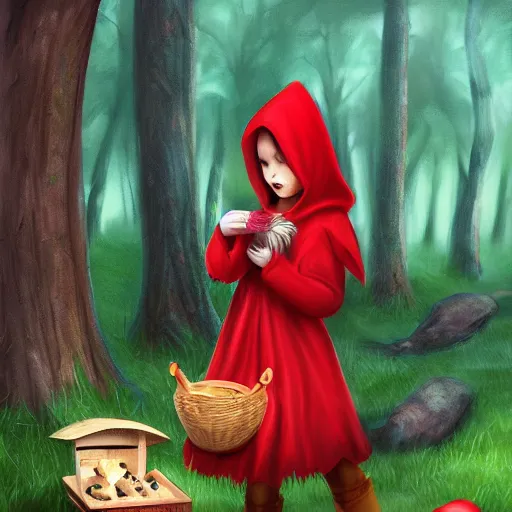 Image similar to little red riding hood is picking mushrooms in the forest digital art,oil painting,trending on artstation.