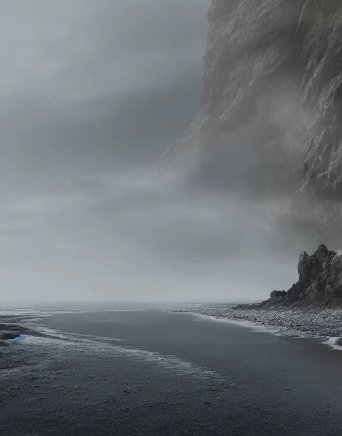 Image similar to Northern landscape with black sand beach and rocky cliffs by aaron westwood, fog, volumetric, trending on instagram, concept art, realistic, highly detailed, 8k