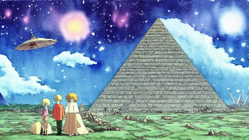 Image similar to a hyperrealist watercolor concept are from a studio ghibli film showing a giant mechanized crocodile from howl's moving castle ( 2 0 0 4 ). a pyramid is under construction in the background, in the rainforest on a misty and starry night. a ufo is in the sky. by studio ghibli