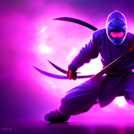 Prompt: ninja surrounded by purple aura, glowing red eyes, full body shot, menacing, stylized, octane render, artstation, digital art, digital painting, devian art