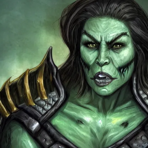 Prompt: thorkana orc woman with human features in her 5 0's, legendary soldier, high rank, mother of two boys, loving, happy, fierce, symmetrical face, green skin, dark hair with some grey, giant axe on her back, chest up portrait, dungeon's and dragon's, dark souls boss