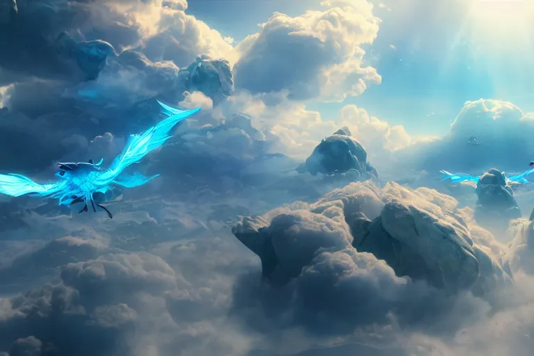 Prompt: blue shiny dragons flying through floating islands, extreme cloud formations, uncanny, cinematic lighting, thomas cole, still from inside out, octane render, ray tracing, volumetric lighting, 4 k