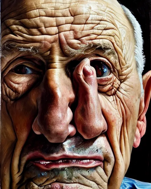 Prompt: an extreme close up portrait a very ordinary old man with an sad expression, side angle, head and shoulders shot, by Lucian Freud and Jenny Saville, oil painting, anatomically correct, beautiful perfect face, visible brushstrokes, sharp focus, Highly Detailed, Cinematic Lighting, 8k, HD