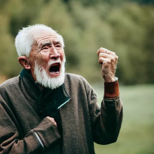 Prompt: An elderly man shouting at the wind, Canon EOS R3, f/1.4, ISO 200, 1/160s, 8K, RAW, unedited, symmetrical balance, in-frame