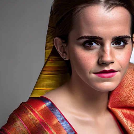 Prompt: Portrait of Emma watson wearing assamese bihu mekhela sleeveless silk saree, face by Artgerm, XF IQ4, 250MP, 50mm, F1.4, ISO 200, 1/250s, natural light, Adobe Lightroom, photolab, Affinity Photo, PhotoDirector 365, model photography by Steve McCurry in the style of Annie Leibovitz, intricate, elegant, highly detailed,sharp focus