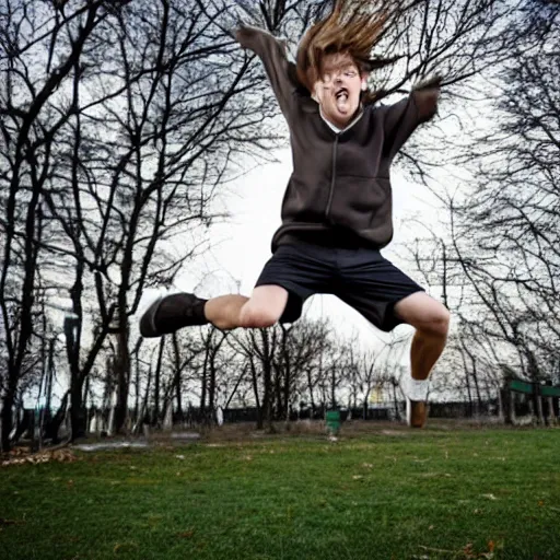 Image similar to a white boy with long brown hair in a pony tail, green eyes, jumping.