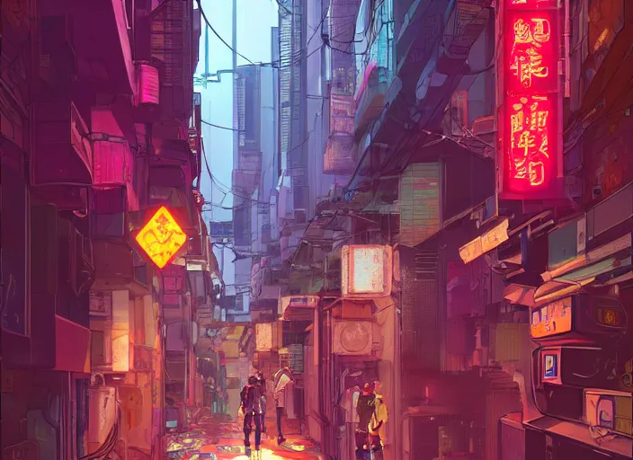 Prompt: a cyberpunk hong kong alley with robots and humans walking around by moebius, pixar color palette, clear details, street level