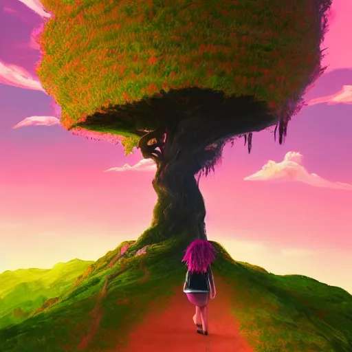 Prompt: giant cherry tree as a head, girl walking in a canyon, surreal photography, sunrise, dramatic light, impressionist painting, colorful clouds, digital painting, artstation, simon stalenhag