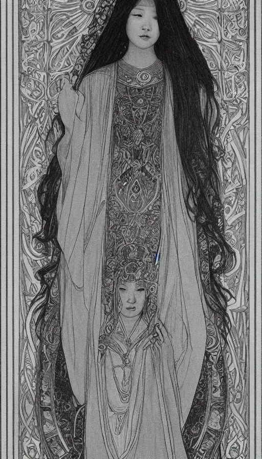 Image similar to yoon young bae as the high priestess, by mucha, black and white graphite drawing, smooth render