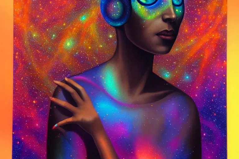 Image similar to patron saint of 🛸🌈👩🏾, futuristic iridescent clothing, wormhole, nebula, black hole, multiverse, neon god of city character portrait, in the style of margaret keane, moebius, tom bagshaw, and waterhouse, cinematic lighting, beautiful, elegant, oil painting,