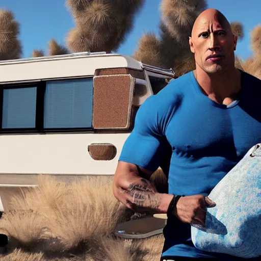 Image similar to dwayne the rock johnson holding a ziplock bag with baby blue meth, desert background, next to an rv, by stephen bliss, gta loading screen