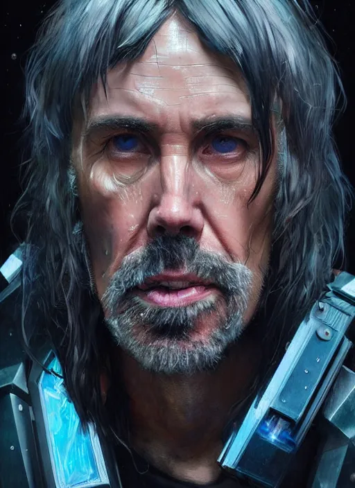 Prompt: portrait of professor Brian Cox as a homeless character in Cyberpunk 2077, looking at camera, intricate, dystopian, sci-fi, extremely detailed, digital painting, artstation, concept art, smooth, sharp focus, illustration, intimidating lighting, incredible art by artgerm and greg rutkowski and alphonse mucha and simon stalenhag