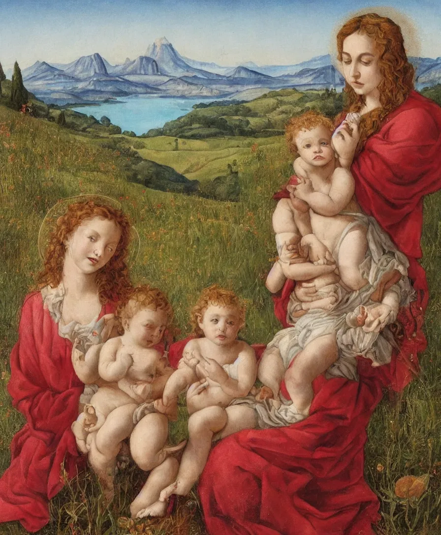 Image similar to Detailed Portrait of Madonna, with infant Jesus playin with thin long cross in the style of Raffael. Red curly hair. They are sitting in a dried out meadow in Tuscany, red poppy in the field. On the horizon there is a blue lake with a town like florence and blue mountains alps. Flat perspective.