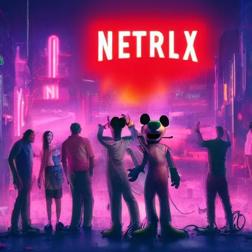 Image similar to a group of people standing around a giant bloody wounded mickey mouse with a netflix neon logo, cyberpunk art by david lachapelle, cgsociety, sots art, dystopian art, reimagined by industrial light and magic, dark concept art