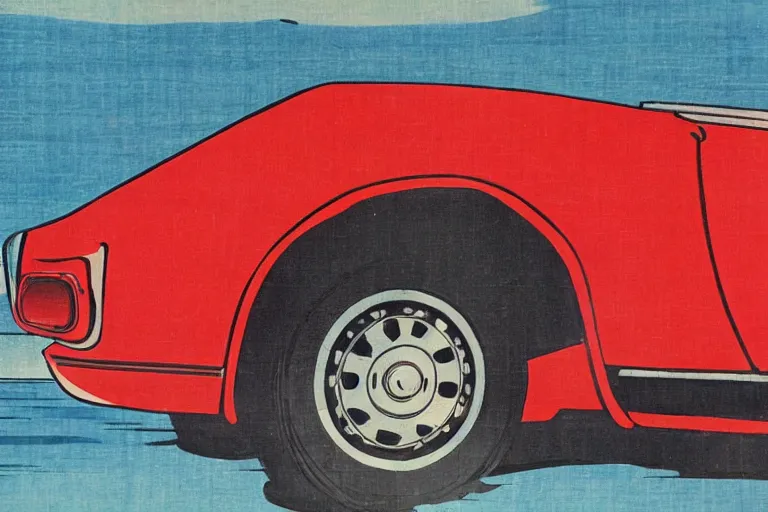 Image similar to ukiyo - e painting of a 1 9 6 9 datsun fairlady roadster