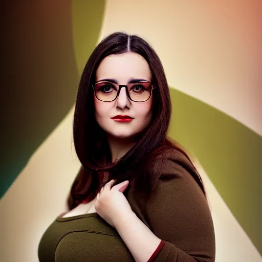 Prompt: A portrait of a plump woman, a cute art neuveau woman with straight brown hair in a Bob, no bangs, brown eyes, large glasses, full face, olive skin, romanian heritage, medium shot, mid-shot, 8k, by mucha