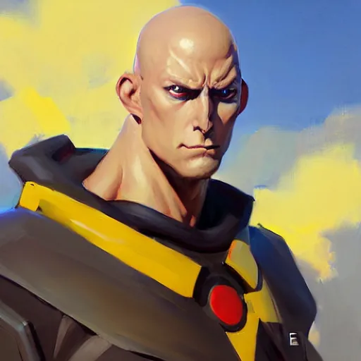 Image similar to Greg Manchess portrait painting of Saitama as Overwatch character, medium shot, asymmetrical, profile picture, Organic Painting, sunny day, Matte Painting, bold shapes, hard edges, street art, trending on artstation, by Huang Guangjian and Gil Elvgren and Sachin Teng