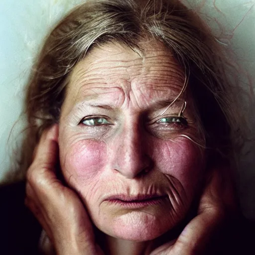 Image similar to a candid extreme closeup portrait of an expressive face of a bored happy woman by annie leibovitz