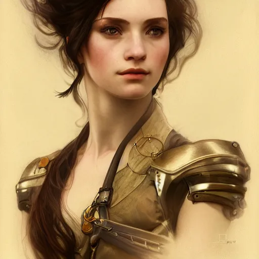 Image similar to portrait of a young female steampunk fighter, headshot, hyper realistic, pale skin, 4k, rule of thirds, extreme detail, detailed drawing, trending artstation, hd, fantasy, D&D, realistic lighting, by Alphonse Mucha, Greg Rutkowski, sharp focus, backlit, elegant