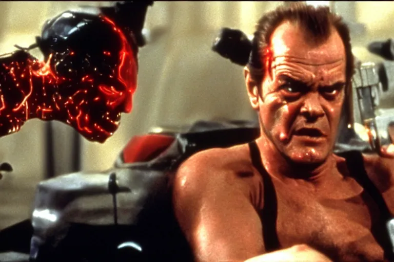 Prompt: Jack Nicholson plays Terminator, his one yes glow red, scene where his endoskeleton gets exposed, still from the film