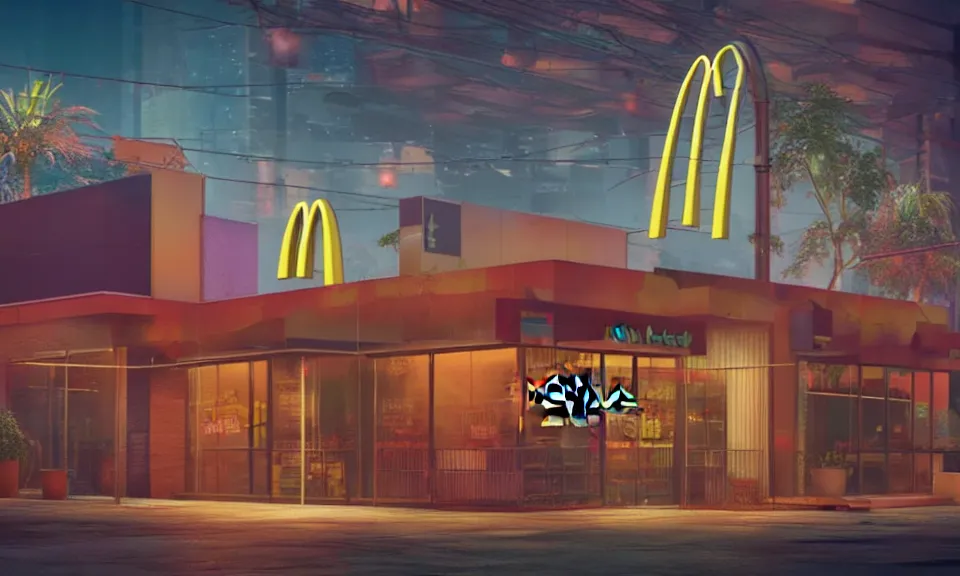 Image similar to exterior shot of a mcdonalds in a cyberpunk city, at night, neon lights, light bloom, octane render, rainy, reflections