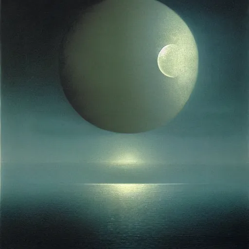 Prompt: moon fall over the ocean by zdzislaw beksinski, oil on canvas