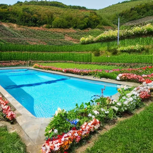 Image similar to flowers and vines creep in a field with a majestic swimming pool