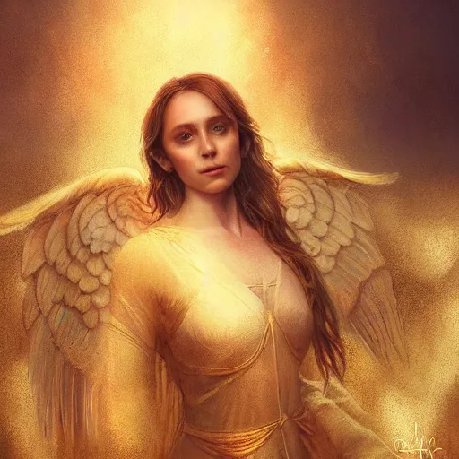 Image similar to majestic gracious regal radiating female winged angel portrait, atmospheric lighting, painted, ethereal, intricate, volumetric lighting, beautiful, rich deep colours masterpiece, golden hour, sharp focus, ultra detailed, by leesha hannigan, ross tran, thierry doizon, kai carpenter, ignacio fernandez rios