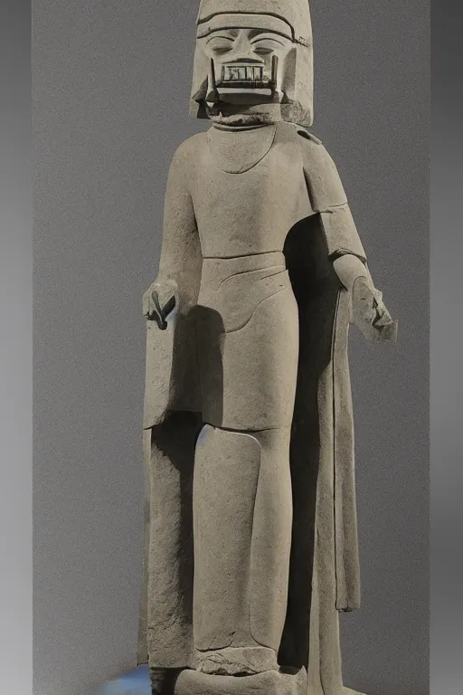 Image similar to A monumental sandstone statue of Darth Vador standing, in the style of the late Akkadian empire, museum catalog photography