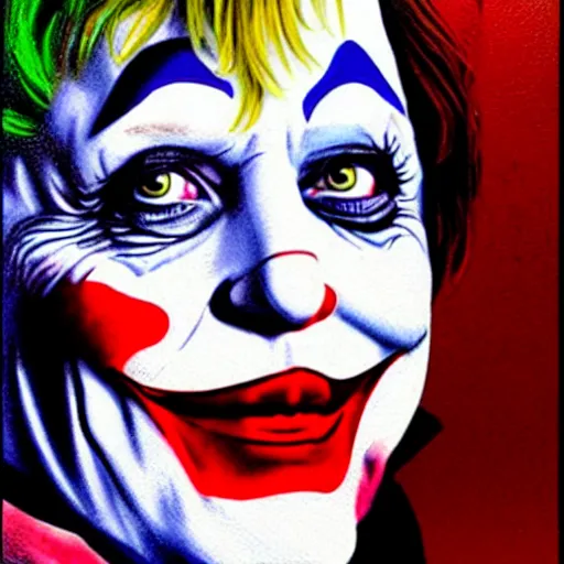 Image similar to angela merkel is the joker, airbrush art, drew struzan illustration art, key art, portrait