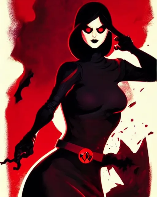 Image similar to rafael albuquerque comic art, peter mohrbacher, phil noto, artgerm, pretty evil elizabeth olson witch, black and red dress, symmetrical eyes