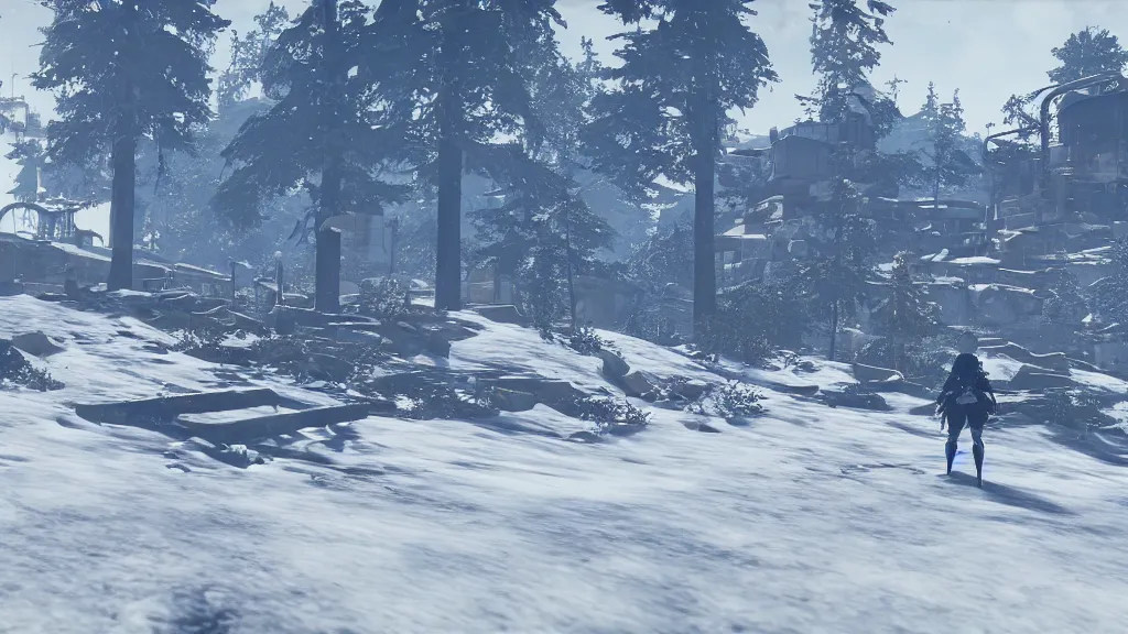 Image similar to Screenshot from Nier Automata, beautiful landscape at an abandonned ski station, near a chairlift, winter