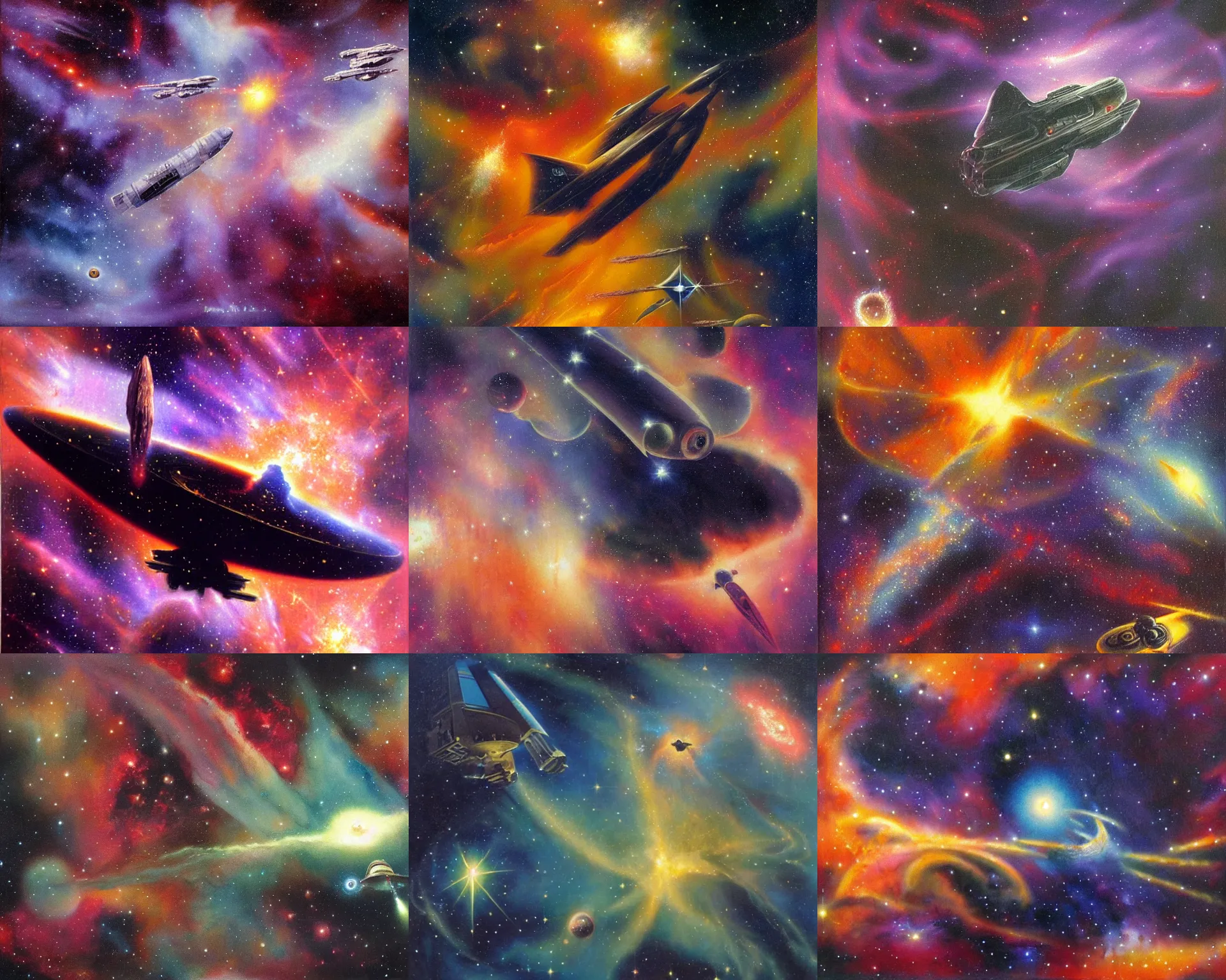 Prompt: spaceship in a nebula, by Don Maitz
