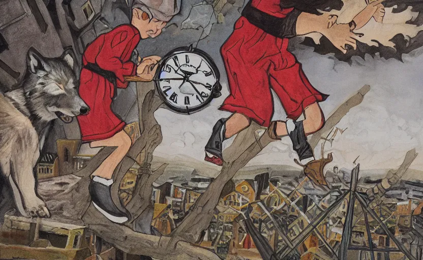 Prompt: a boy fighting a wolf on the edge of a clocktower, by taylor barron, gouache, print