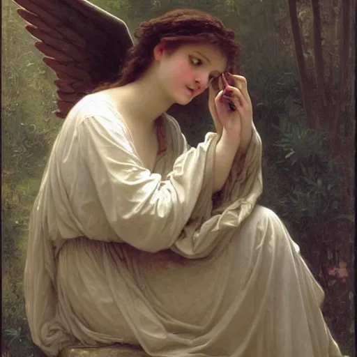 Prompt: an oil painting of an angel talking with an iPhone, by Bouguereau, highly realistic and intricate